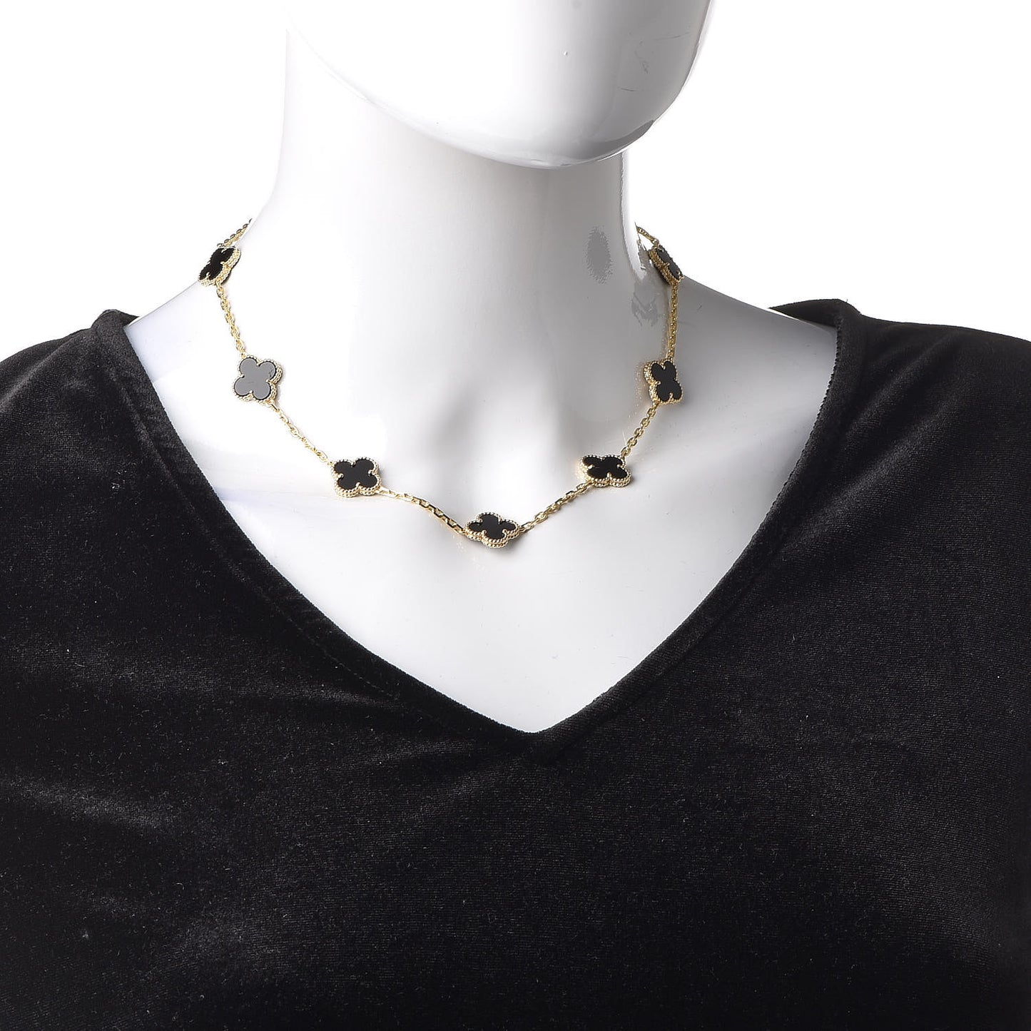 18K Yellow Gold Black Onyx 10 Motifs Vintage Alhambra Necklace