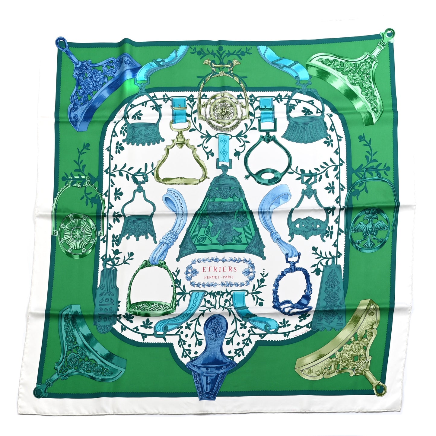 Silk Etriers Scarf 90 Vert White Turquoise