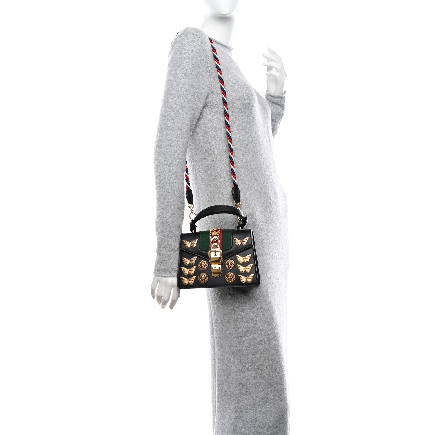 Gucci Calfskin Animal Studs Mini Sylvie Top Handle Bag Black 2 of 13