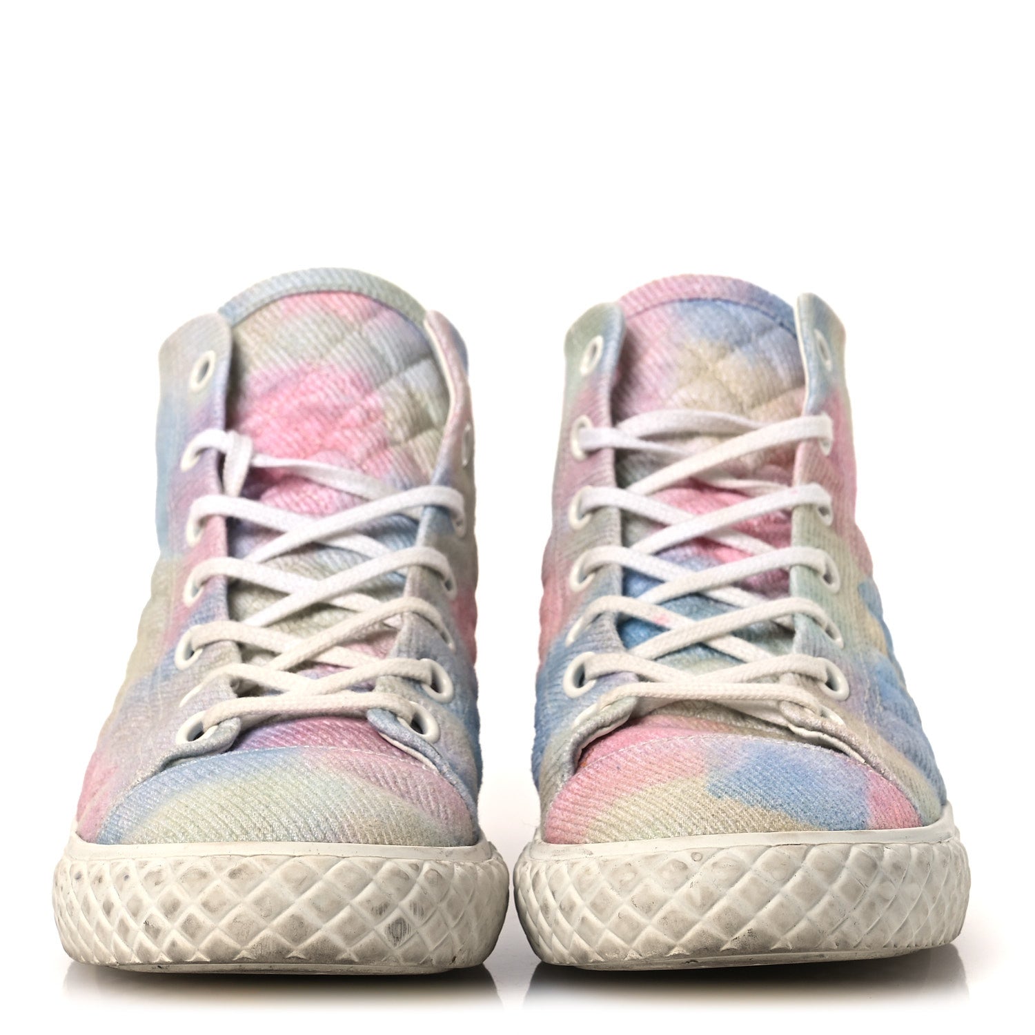Chanel Printed Fabric High Top CC Sneakers 39 Green Pink Blue White 3 of 13