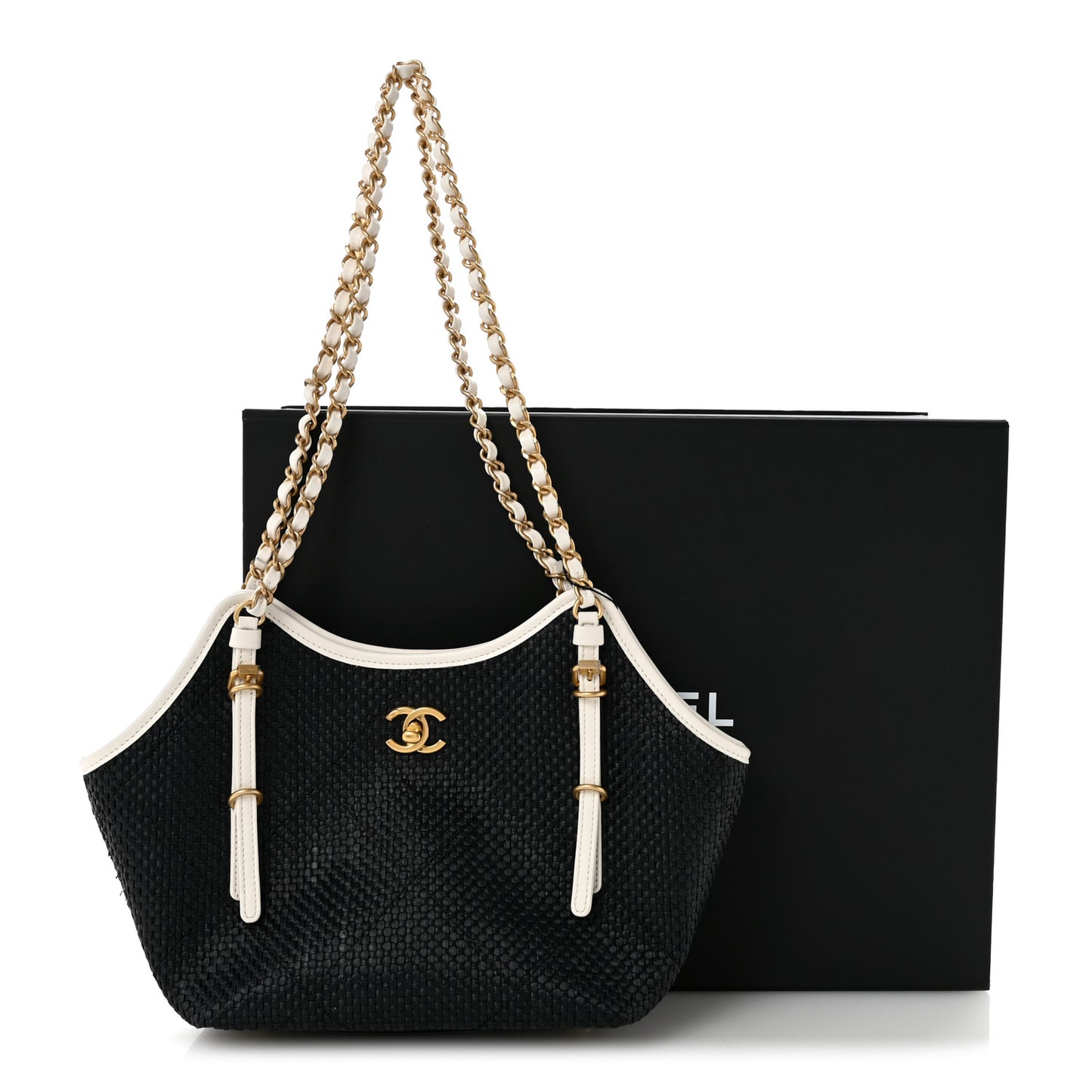 Braided Raffia Calfskin Stitched Small Shopping Tote Black White
