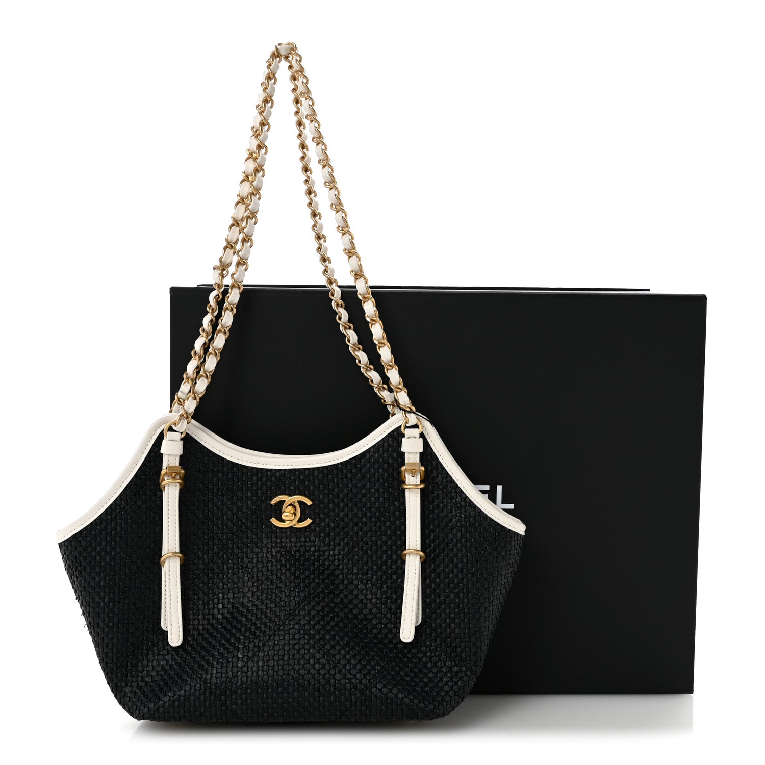 Chanel Braided Raffia Calfskin Stitched Small Shopping Tote Black White 10 of 10