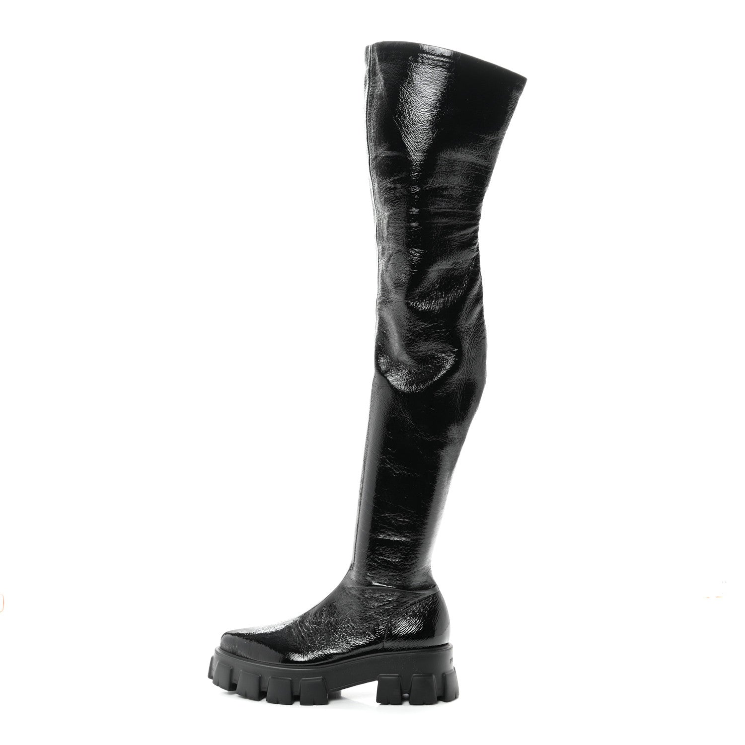 Prada Patent Naplak Tech Monolith 55mm Over The Knee Boots 39 Black 1 of 9