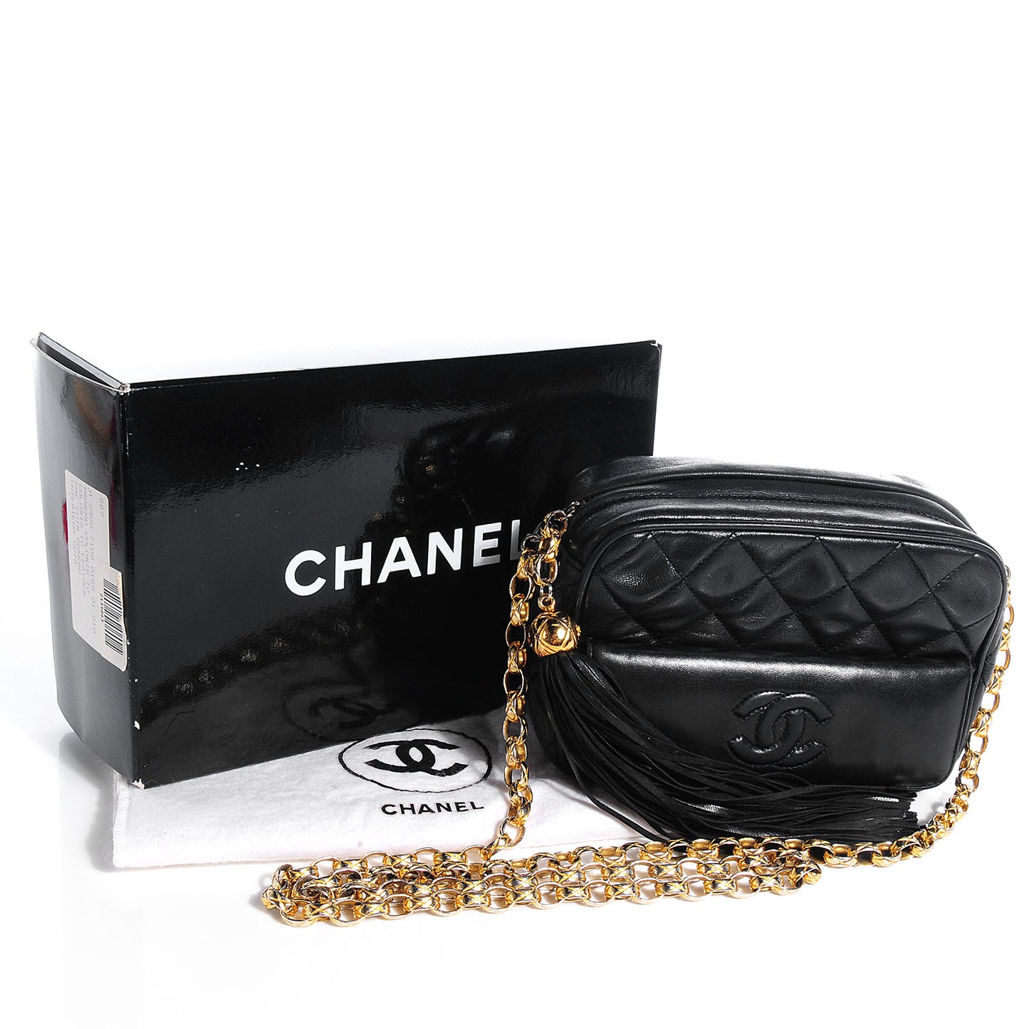 Lambskin Quilted Tassel Camera Case Black