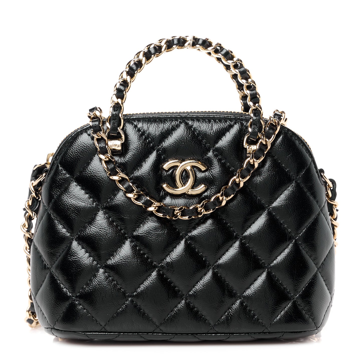 Shiny Lambskin Quilted Shiny Coco Clutch With Chain Black