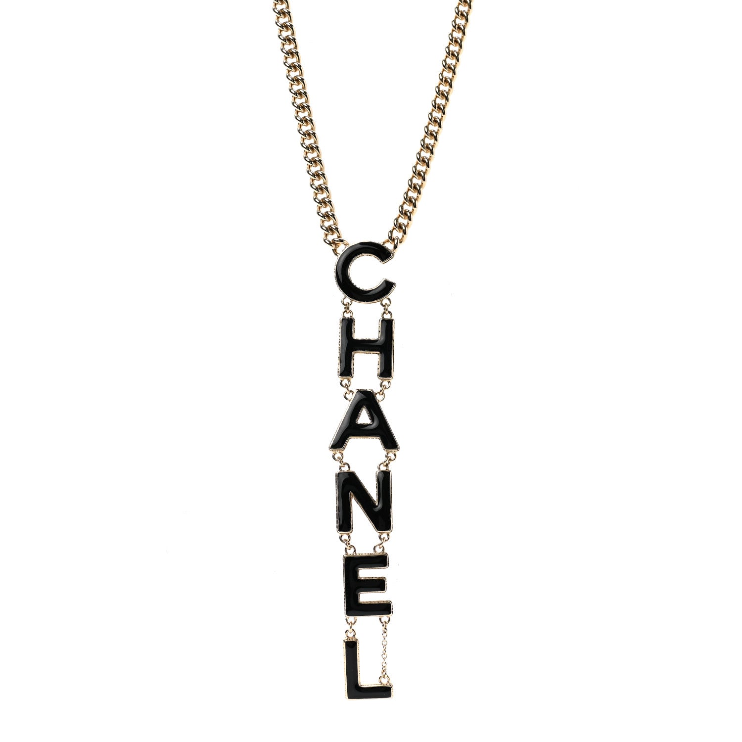 Chanel Enamel Logo Chain Necklace Black Gold 1 of 7