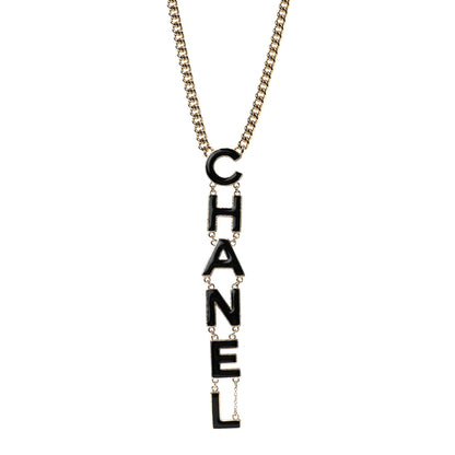 Chanel Enamel Logo Chain Necklace Black Gold 1 of 7