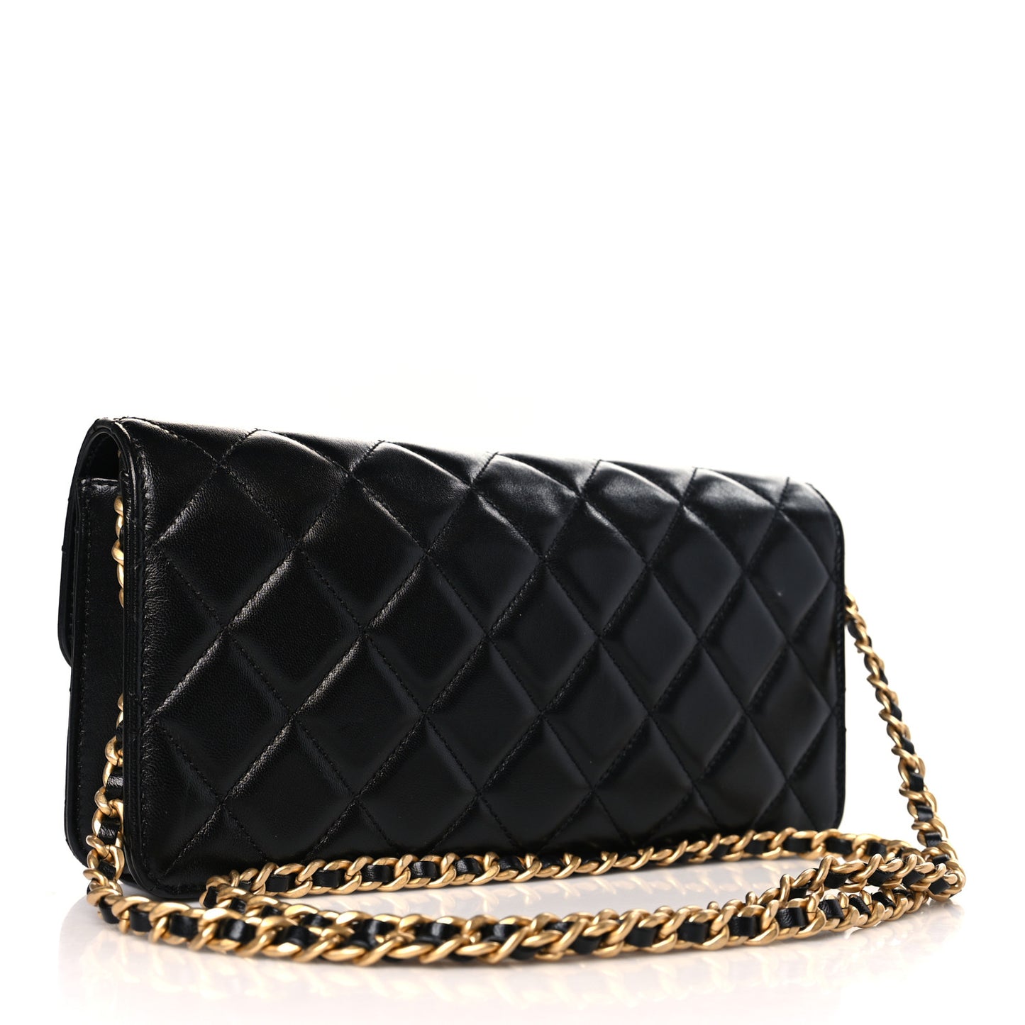 Shiny Lambskin Quilted Flap Clutch Bag Black