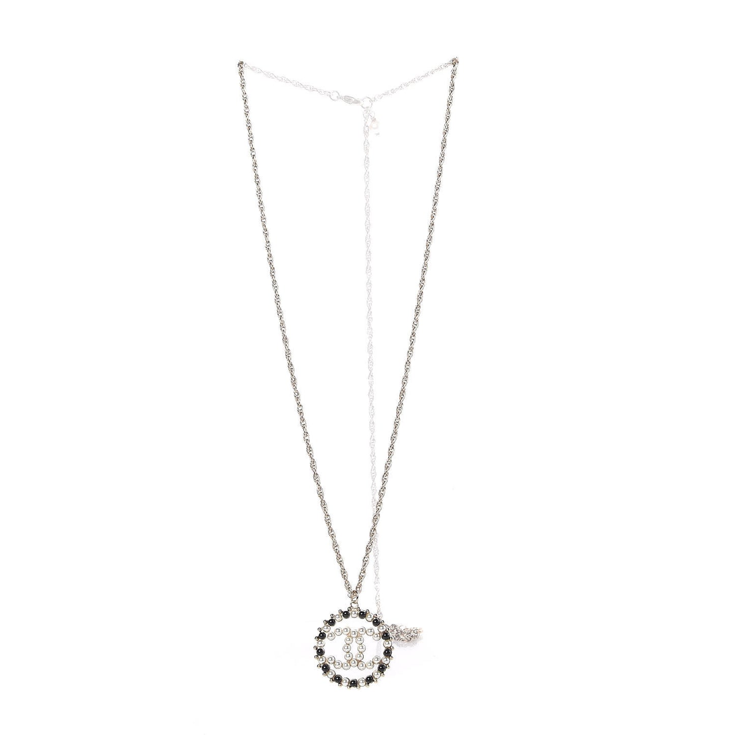 Pearl Bead CC Medallion Necklace Gold Pearly White Black