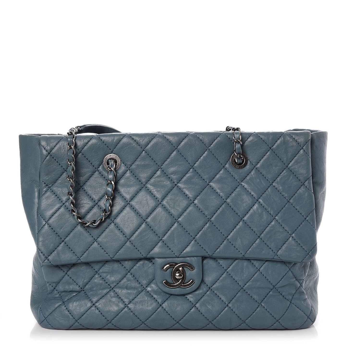 Washed Lambskin Quilted Flap Tote Blue