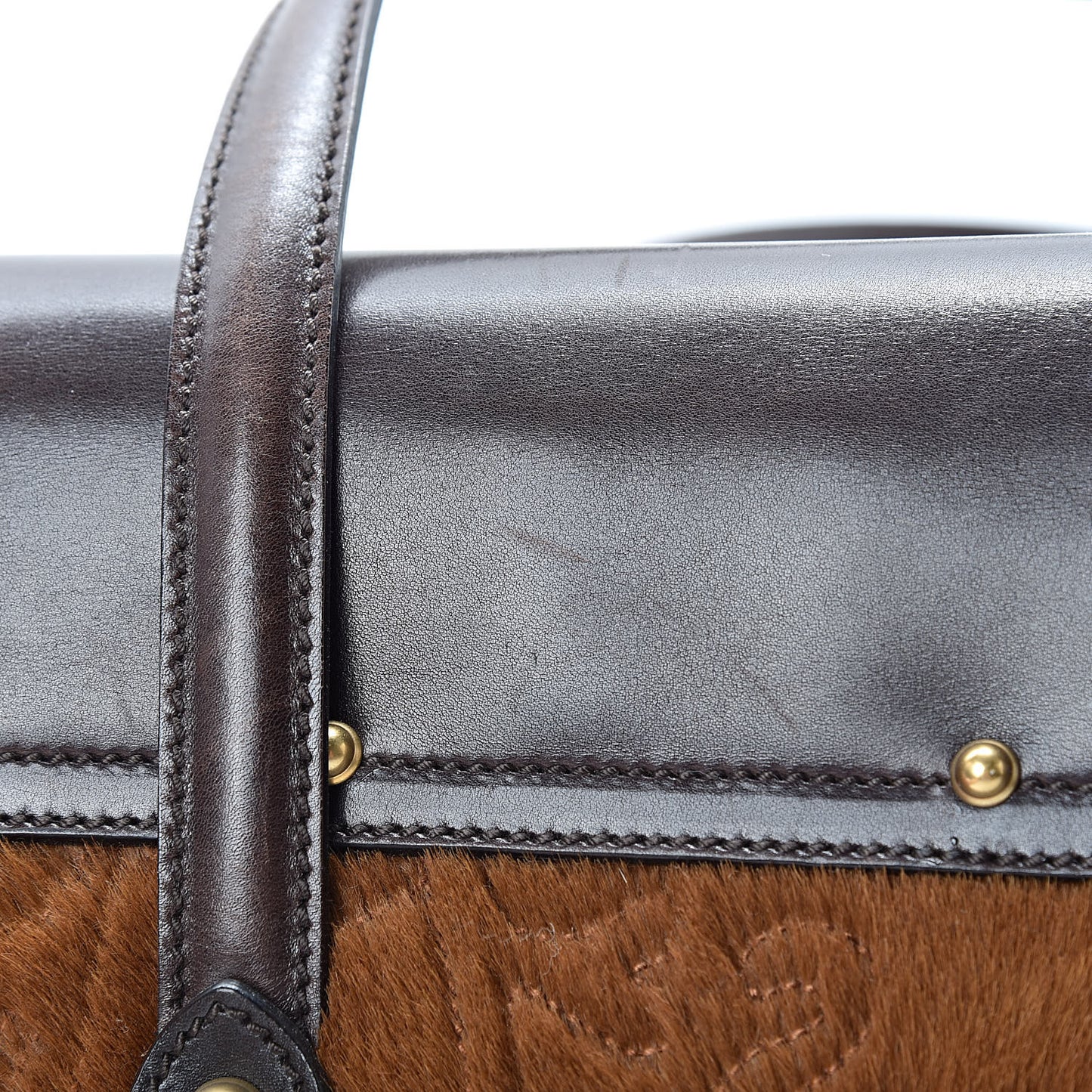 Calf Hair Calfskin Bamboo Bullet Satchel Brown