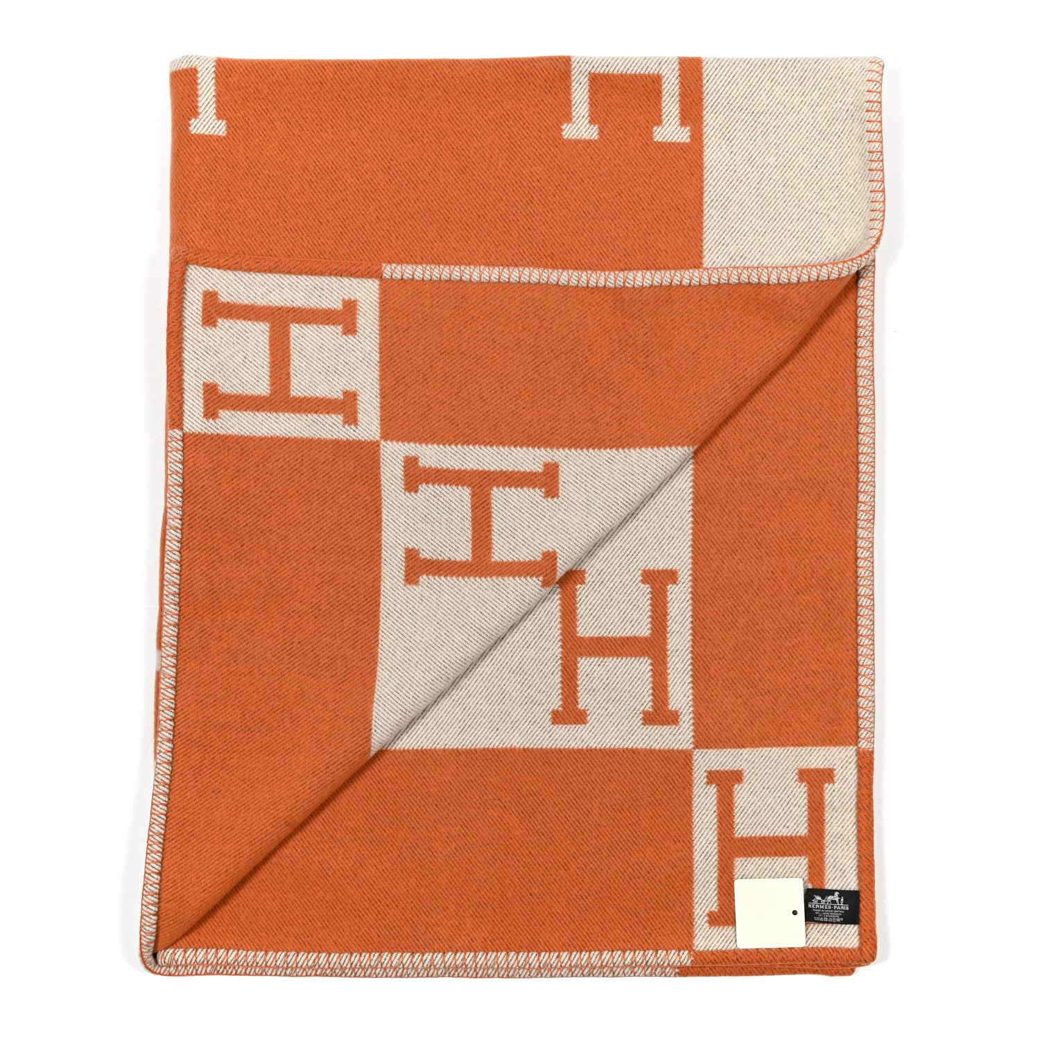 Hermes Wool Cashmere Signature Classic Avalon Blanket Ecru Potiron 2 of 3