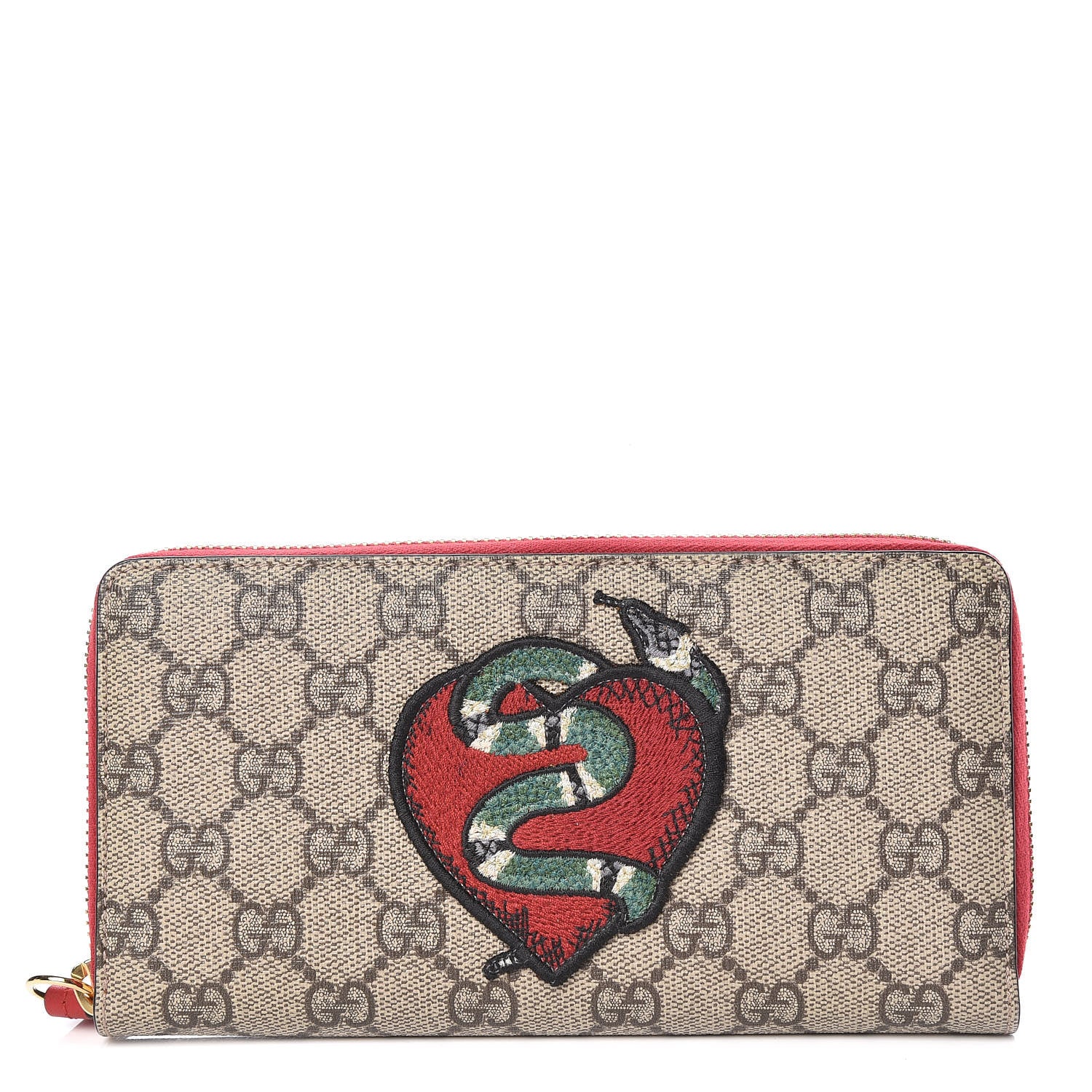 Gucci GG Supreme Monogram Kingsnake Heart Embroidered Zip Around Wallet Red 1 of 7