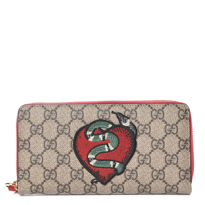 Gucci GG Supreme Monogram Kingsnake Heart Embroidered Zip Around Wallet Red 1 of 7