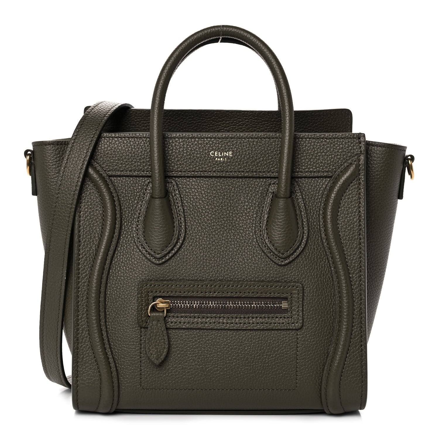 Celine Drummed Calfskin Nano Luggage Army Green 1 of 11