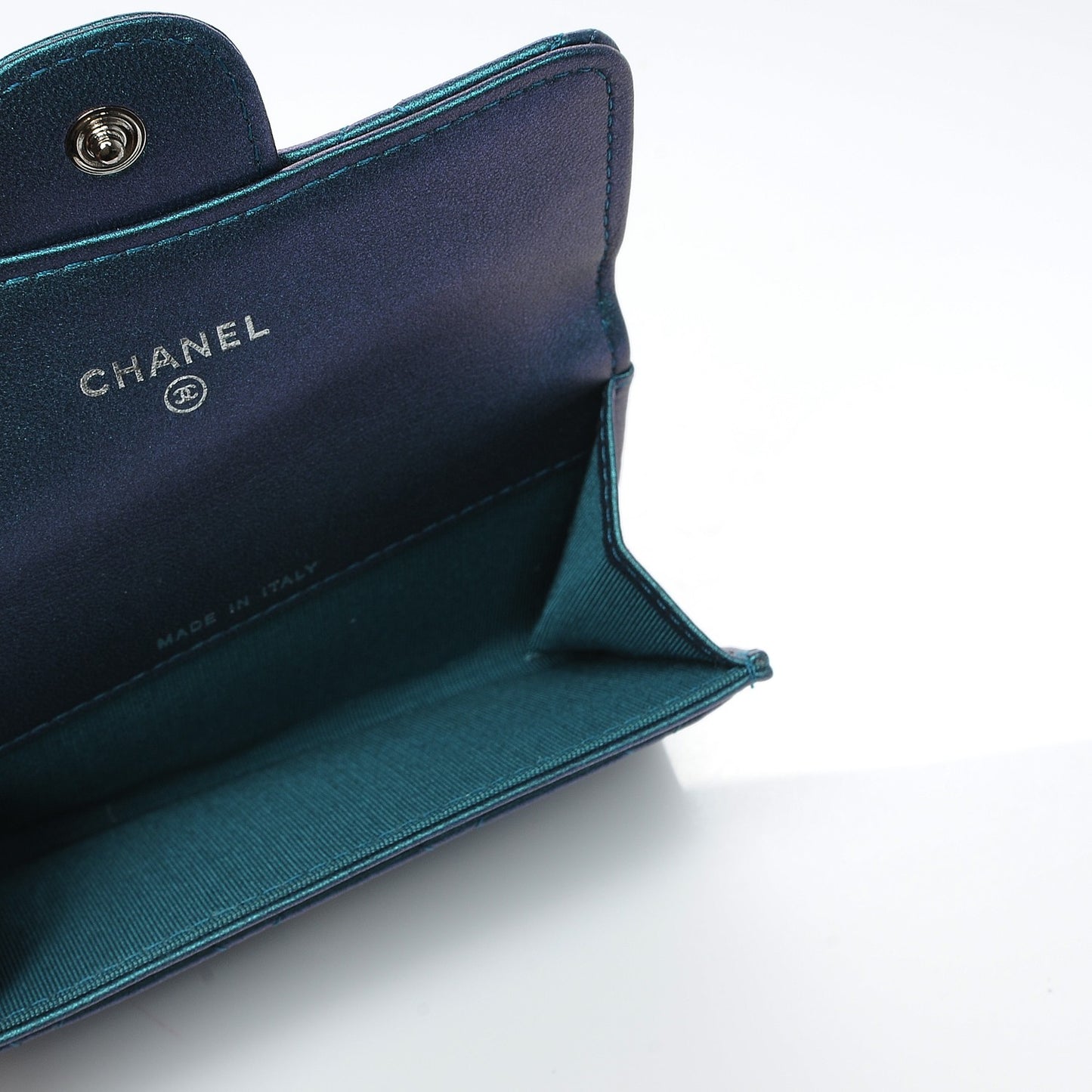 Metallic Lambskin Quilted Flap Card Holder Turquoise