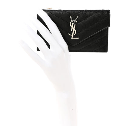 Saint Laurent Grain De Poudre Matelasse Chevron Monogram Compact Wallet Black 2 of 7