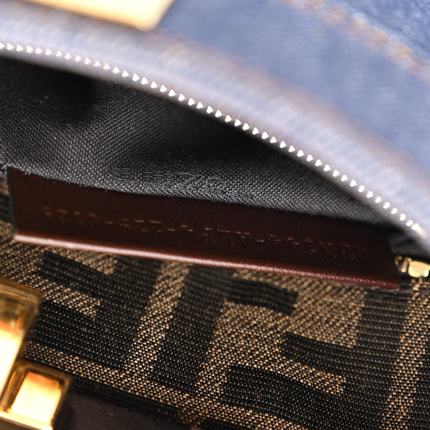 Denim Fabric Jacquard Cuoio FF 1974 Mini Peekaboo Iconic Satchel Blue Tobacco Moro