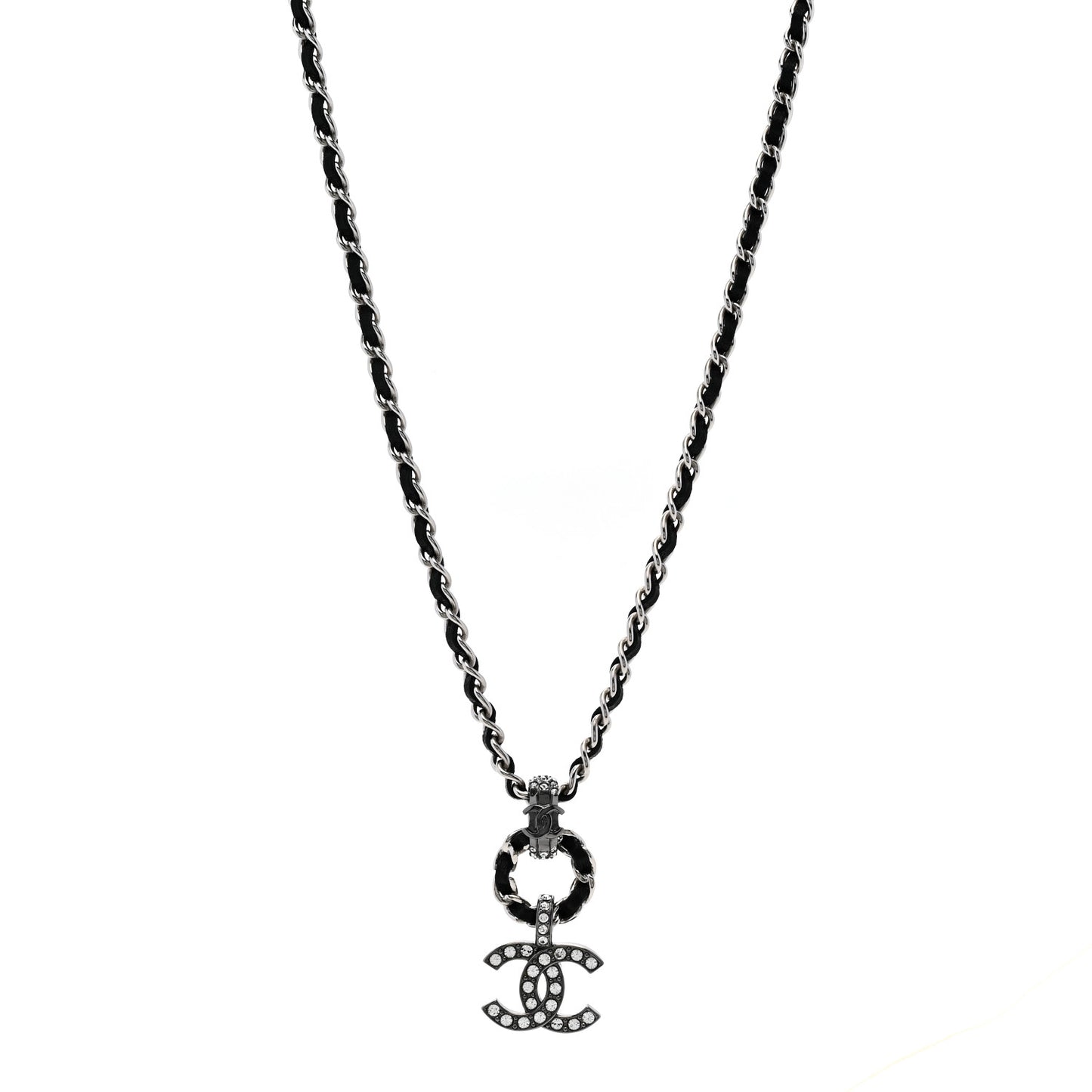 Lambskin Crystal Chain Choker Necklace Silver Black