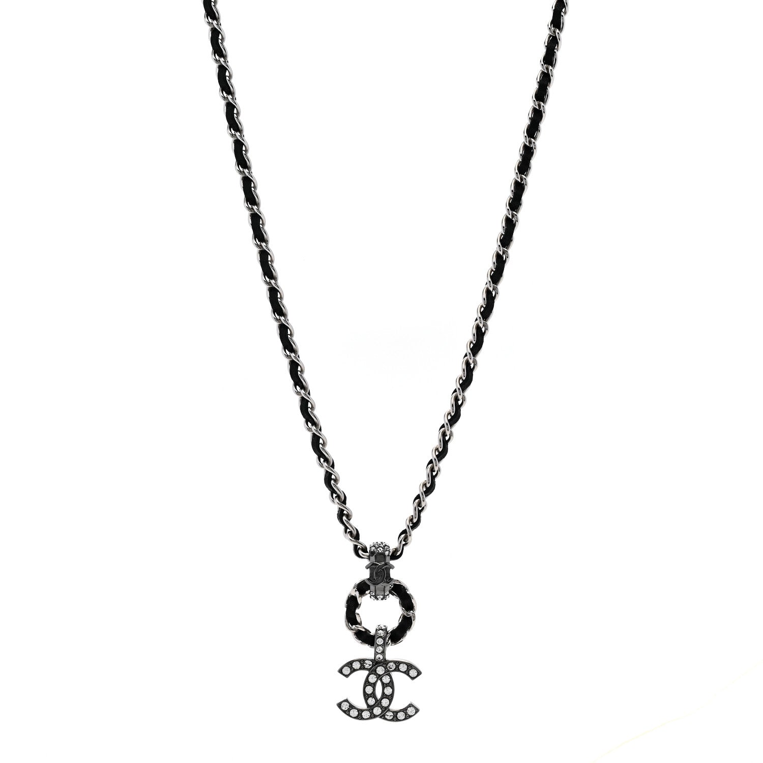 Chanel Lambskin Crystal Chain Choker Necklace Silver Black 1 of 6