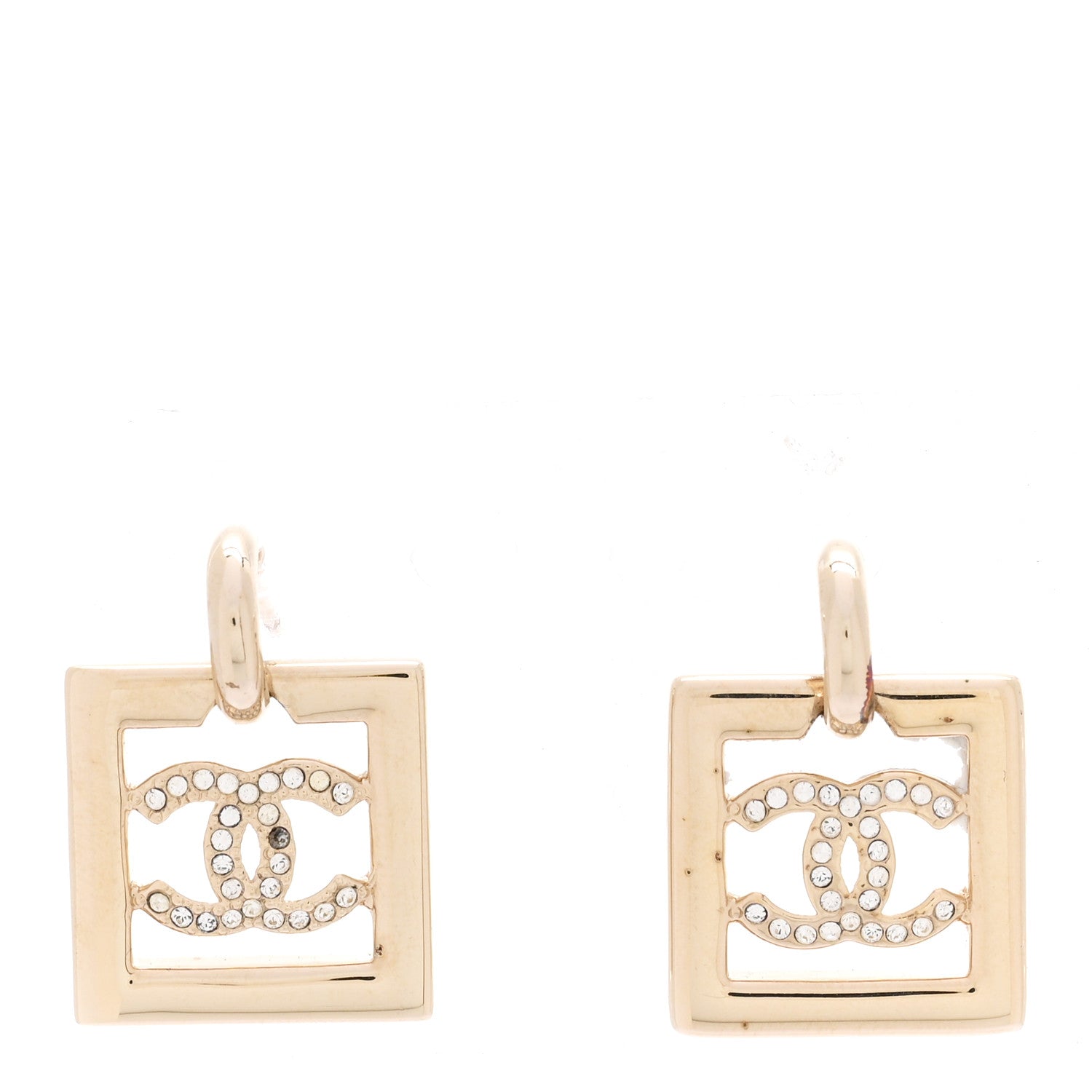 Chanel Metal Crystal Square CC Dangle Earrings Gold 1 of 5