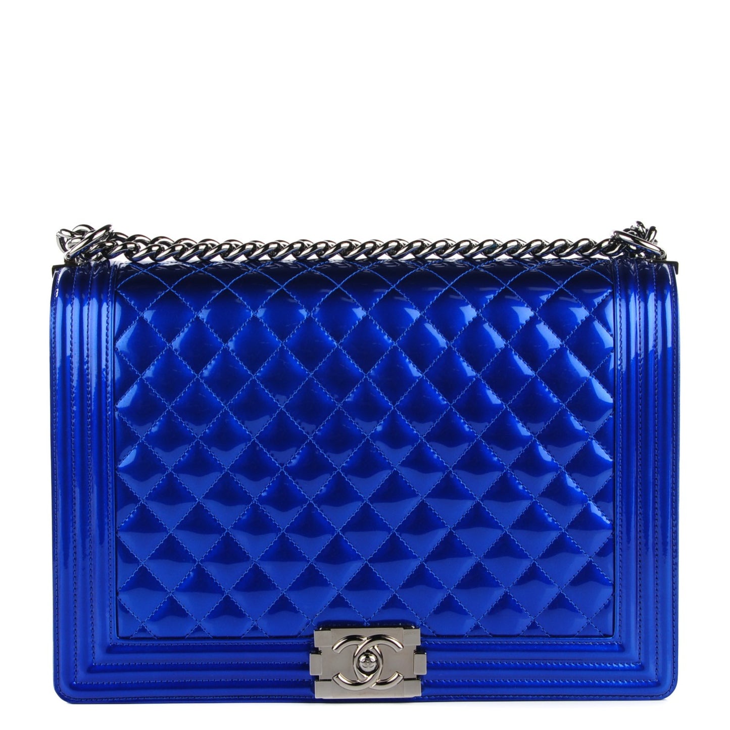 Metallic Patent Quilted Large Boy Flap Blue