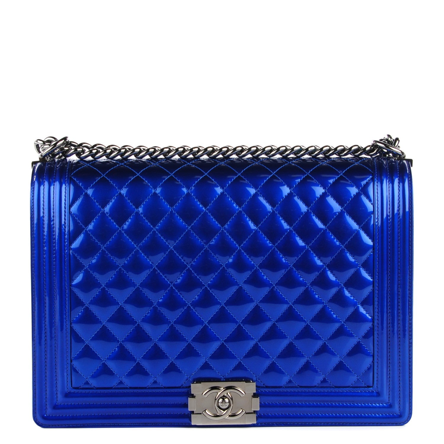 Chanel Metallic Patent Quilted Large Boy Flap Blue 1 of 9