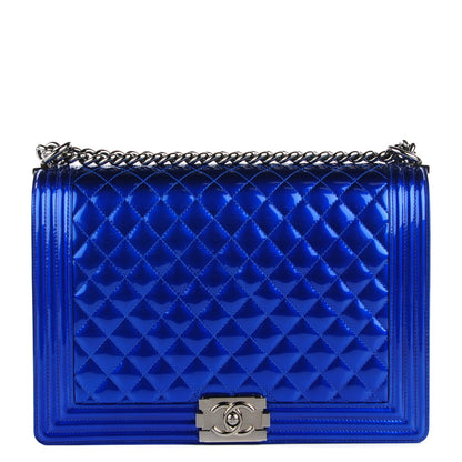 Chanel Metallic Patent Quilted Large Boy Flap Blue 1 of 9