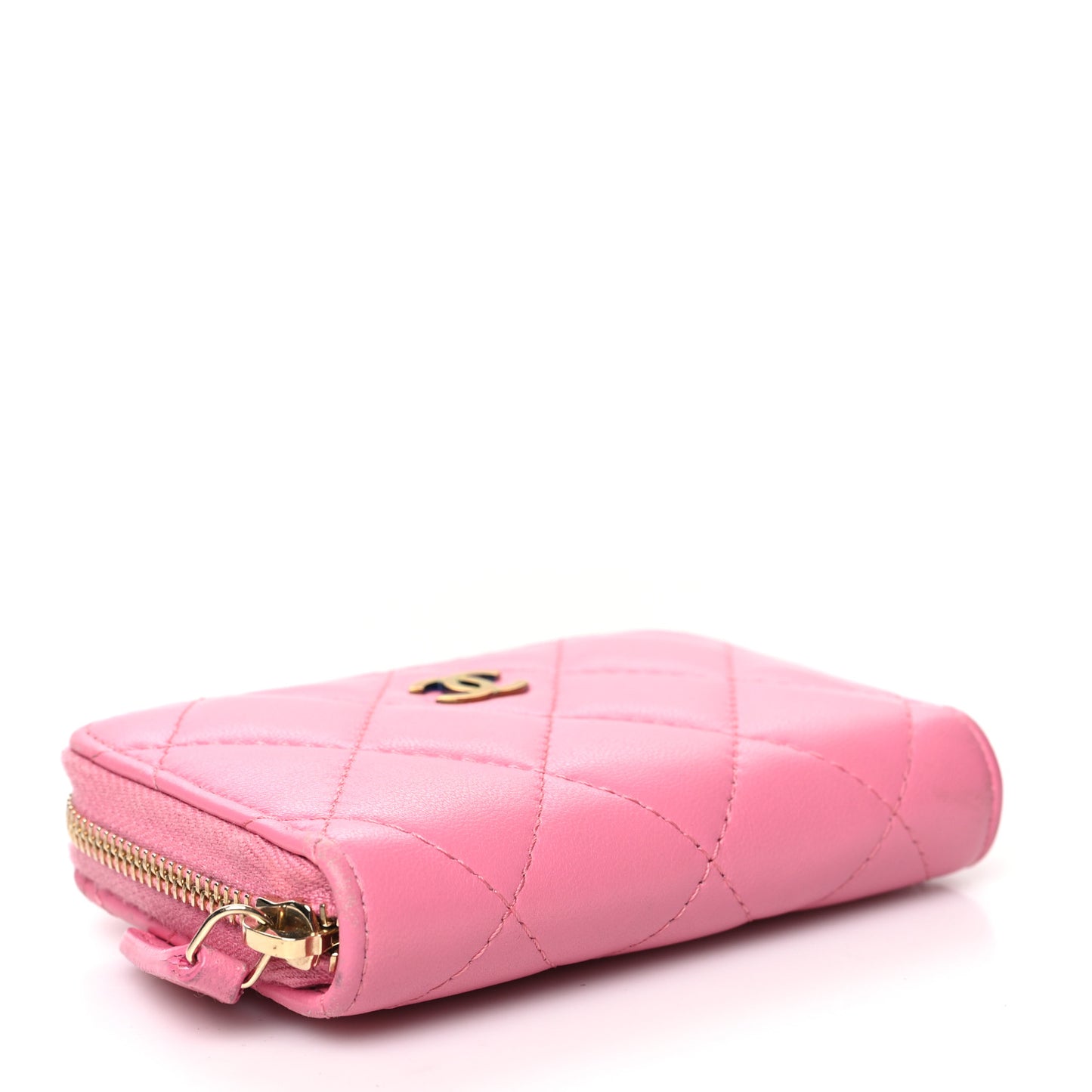 Lambskin Quilted Zip Around Coin Purse Wallet Pink Yellow