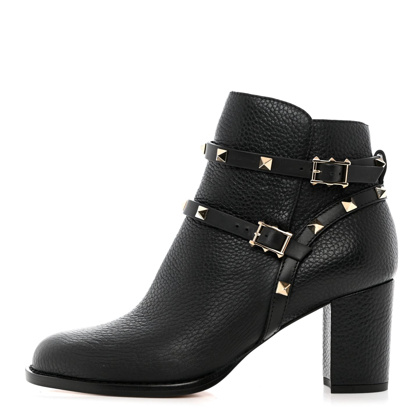 Pebbled Calfskin Rockstud Double Buckle 70mm Block Heel Ankle Boots 38.5 Black