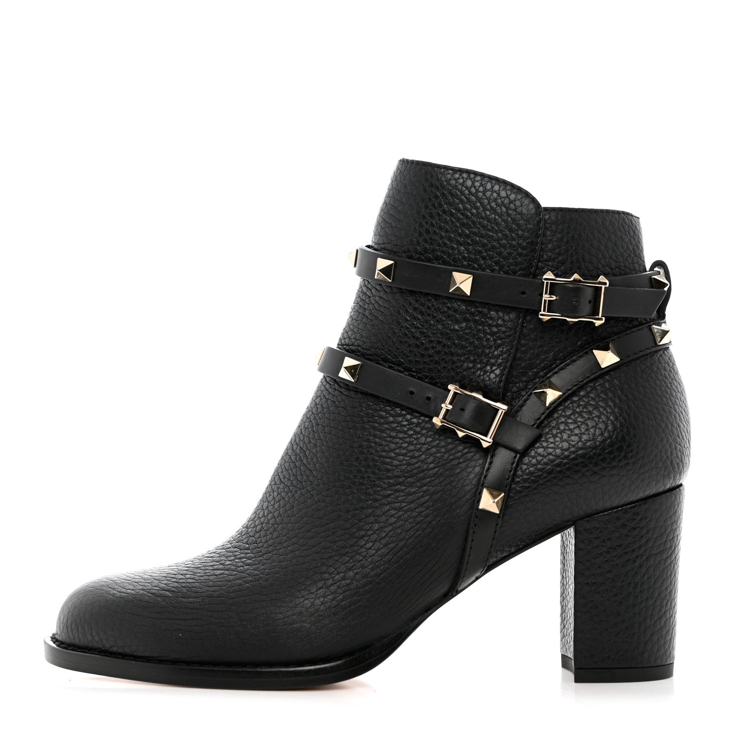 Valentino Garavani Pebbled Calfskin Rockstud Double Buckle 70mm Block Heel Ankle Boots 38.5 Black 1 of 13