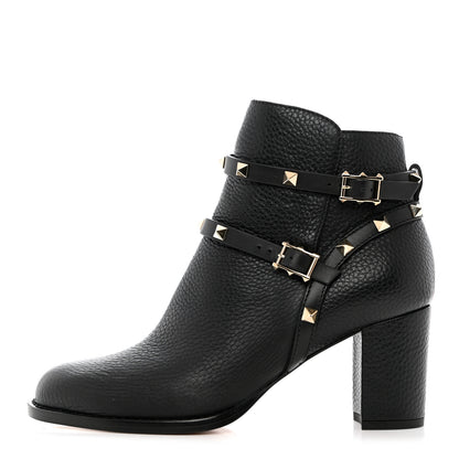 Valentino Garavani Pebbled Calfskin Rockstud Double Buckle 70mm Block Heel Ankle Boots 38.5 Black 1 of 13