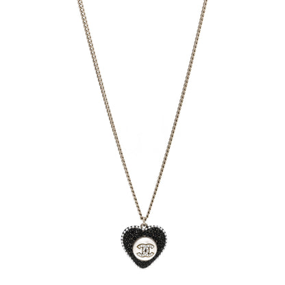 Chanel Pearl Crystal CC Heart Necklace Gold Pearly White Black 1 of 3