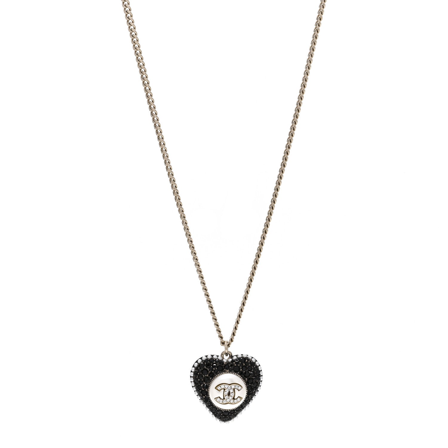 Chanel Pearl Crystal CC Heart Necklace Gold Pearly White Black 1 of 3