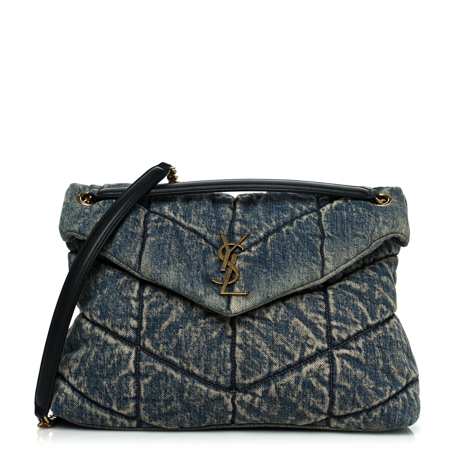 Saint Laurent Denim Quilted Medium Loulou Puffer Monogram Chain Satchel Blue Black 1 of 10