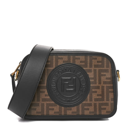 Fendi Glazed Fabric Vitello Century F is Fendi FF 1974 Stamp Patch Camera Case Mogano Panna Black 1 of 10