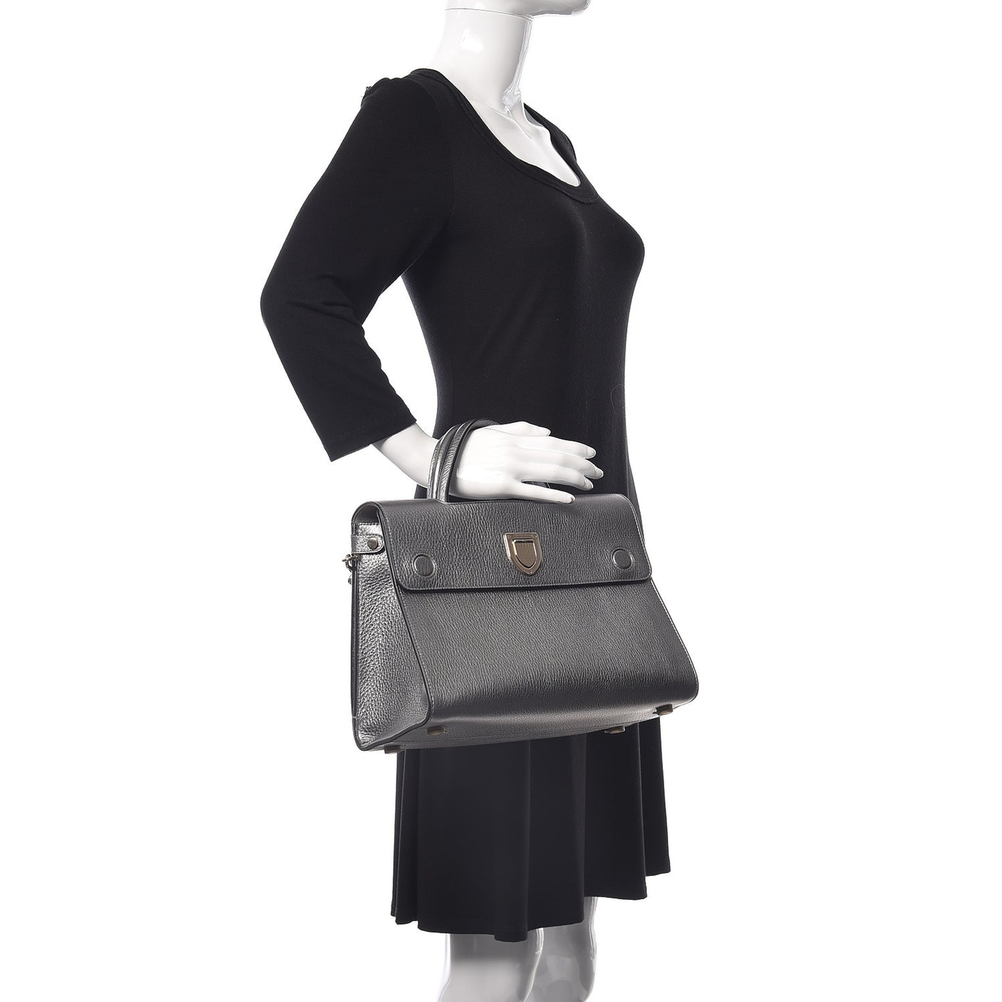 Metallic Grained Calfskin Medium Diorever Flap Silver