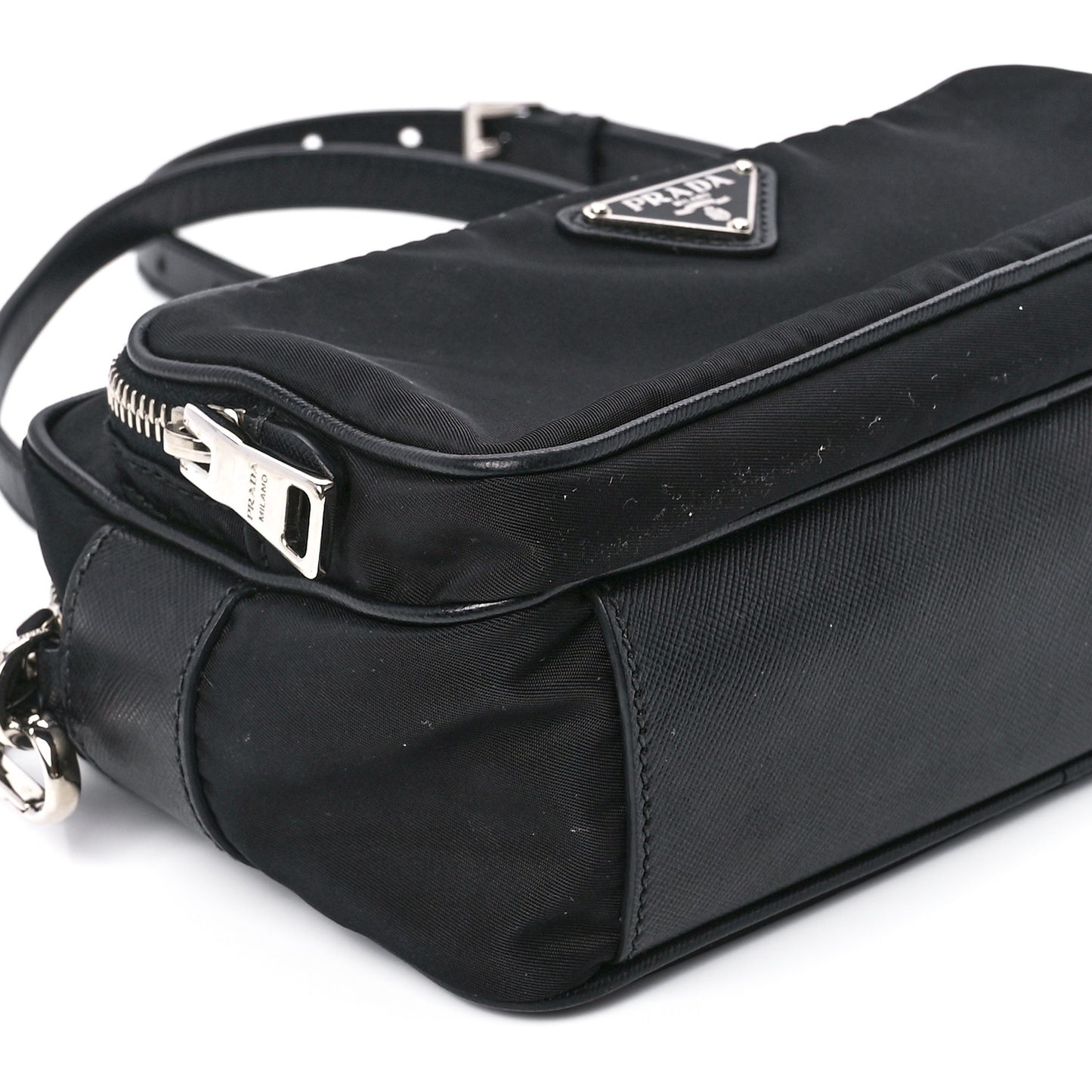 Nylon Saffiano Vela Double Zip Crossbody Bag Black