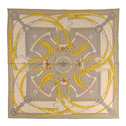 Hermes Cashmere Silk La Promenade du Matin Bandana Shawl 140 Naturel Beige Jaune Vif 1 of 3