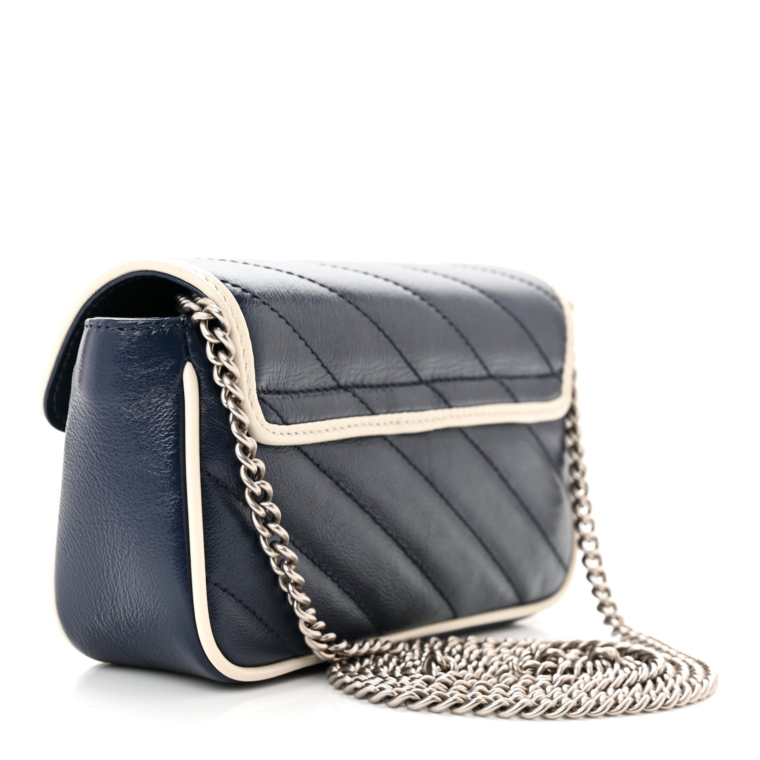 Gucci Vintage Effect Calfskin Matelasse Diagonal Super Mini Torchon GG Marmont Shoulder Bag Blue Agata Mystic White 3 of 10