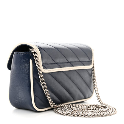 Gucci Vintage Effect Calfskin Matelasse Diagonal Super Mini Torchon GG Marmont Shoulder Bag Blue Agata Mystic White 3 of 10