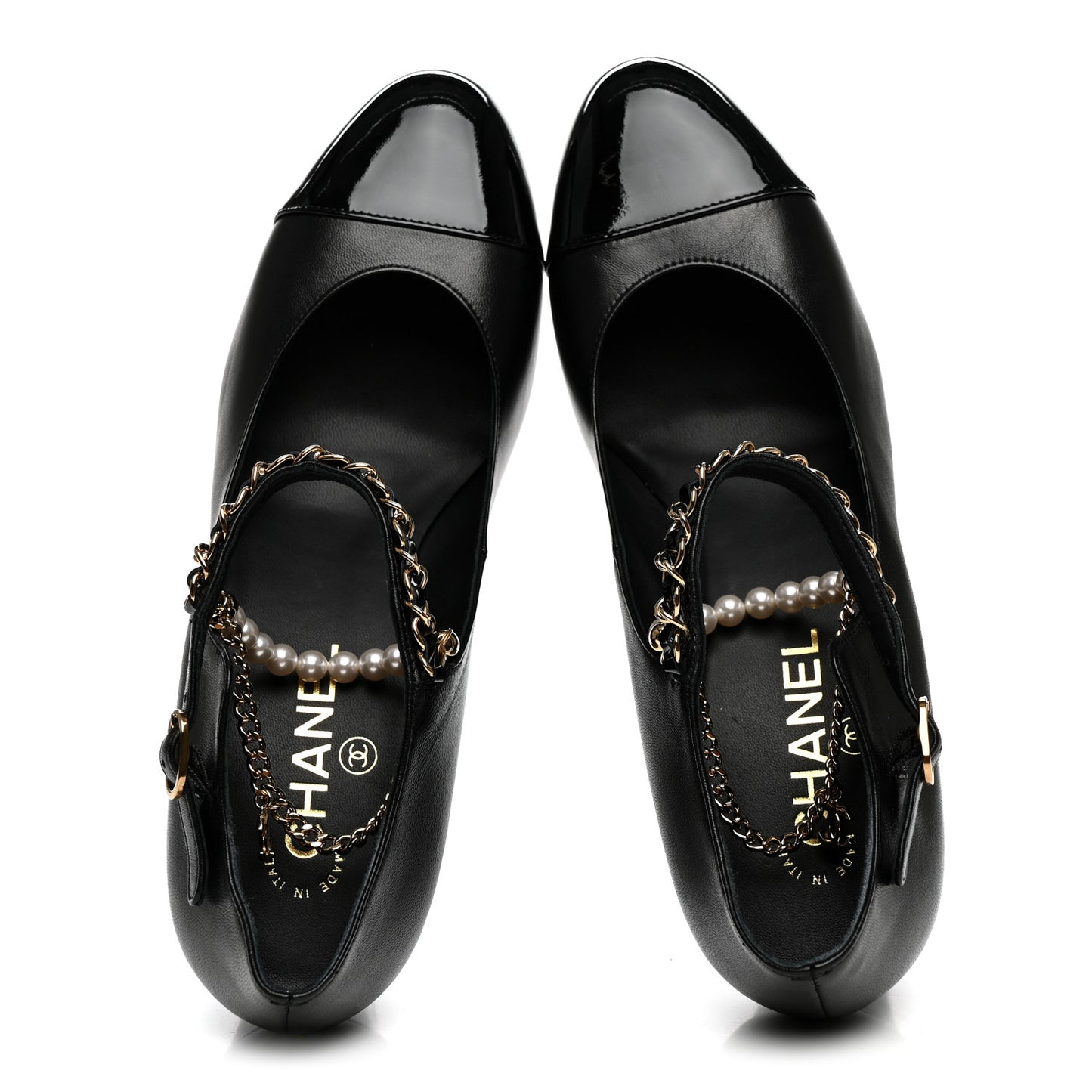 Shiny Lambskin Patent Calfskin Cap Toe Ankle Pearl Chain Pumps 39.5 Black
