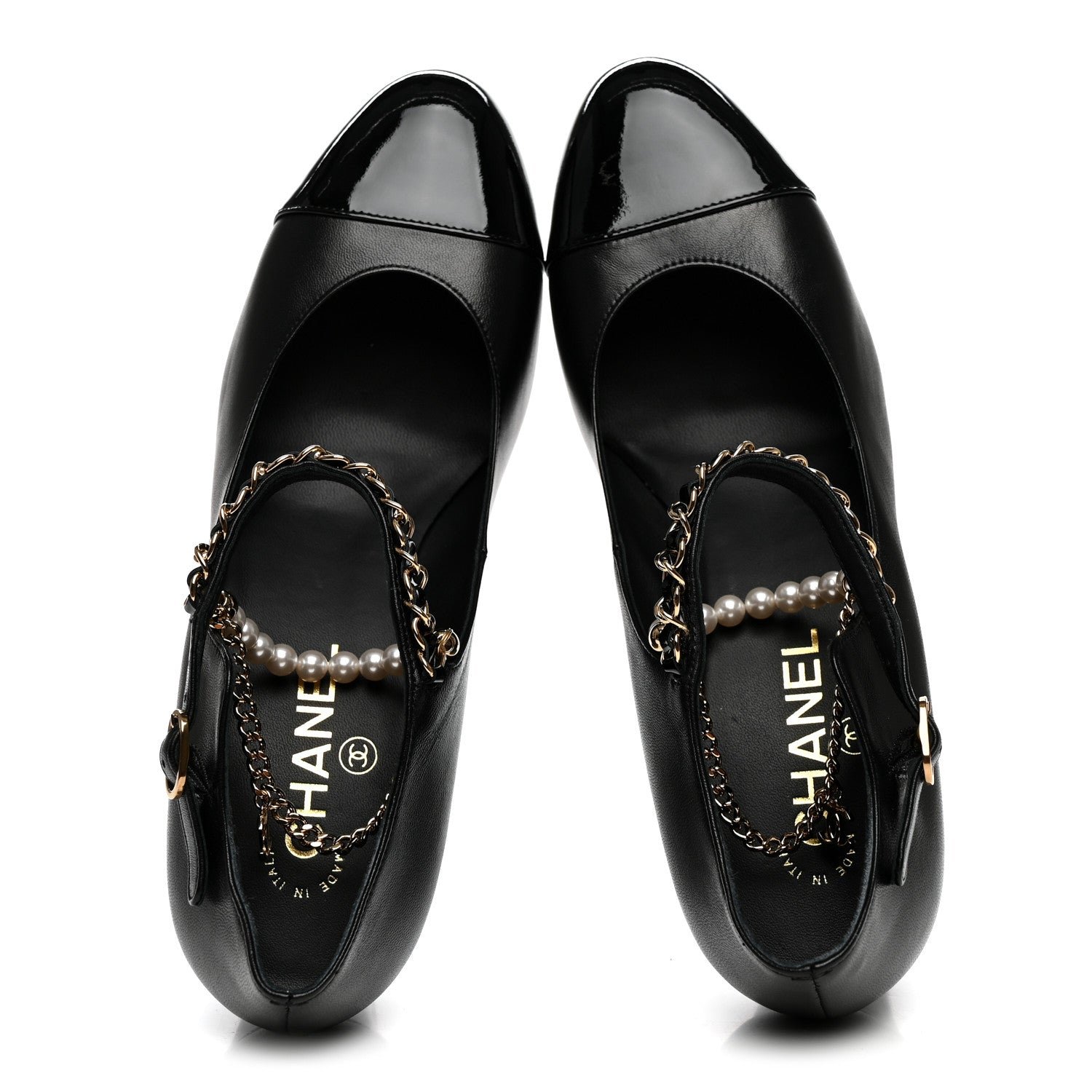 Chanel Shiny Lambskin Patent Calfskin Cap Toe Ankle Pearl Chain Pumps 39.5 Black 2 of 9