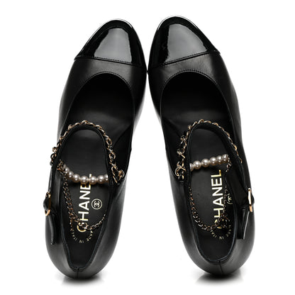 Chanel Shiny Lambskin Patent Calfskin Cap Toe Ankle Pearl Chain Pumps 39.5 Black 2 of 9