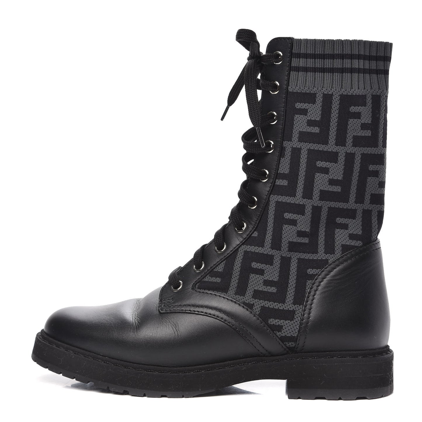 Calfskin Stretch Fabric FF Rockoko Biker Boots 38 Black Charcoal