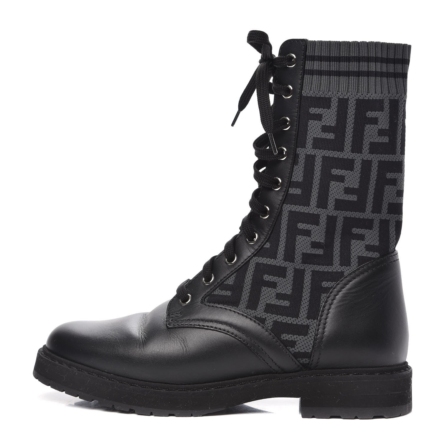Fendi Calfskin Stretch Fabric FF Rockoko Biker Boots 38 Black Charcoal 1 of 8