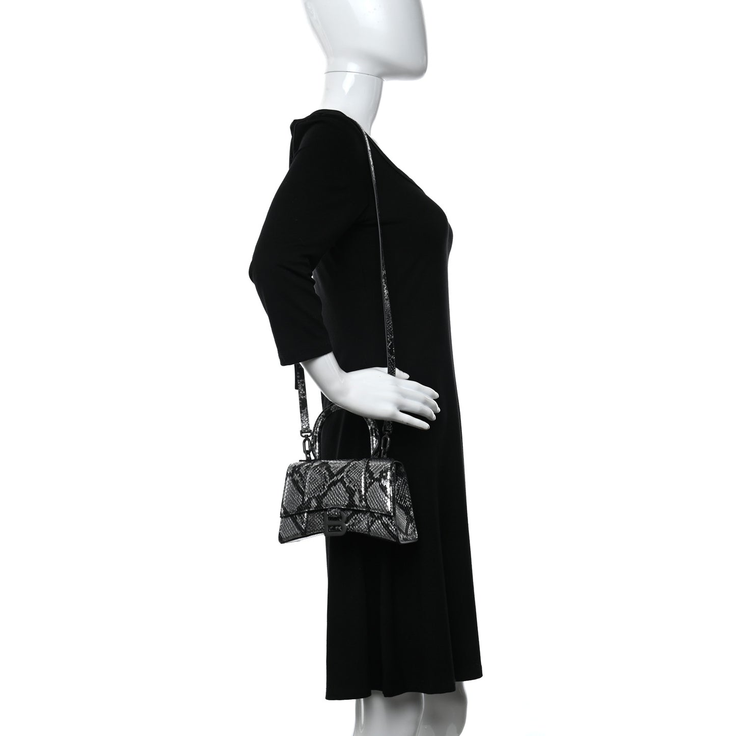 Shiny Calfskin Snakeskin Embossed Hourglass Top Handle Bag XS Silver Black
