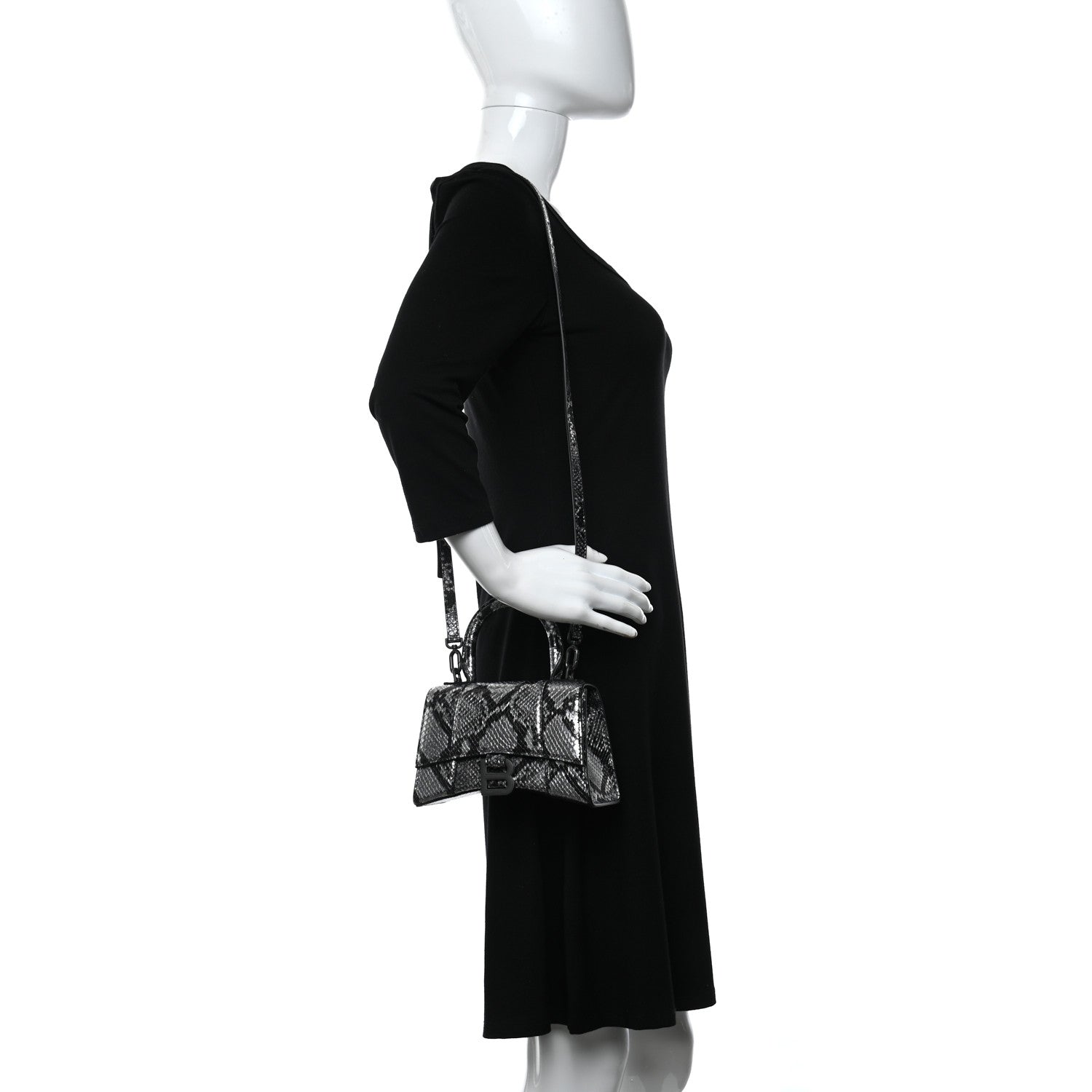 Balenciaga Shiny Calfskin Snakeskin Embossed Hourglass Top Handle Bag XS Silver Black 3 of 10