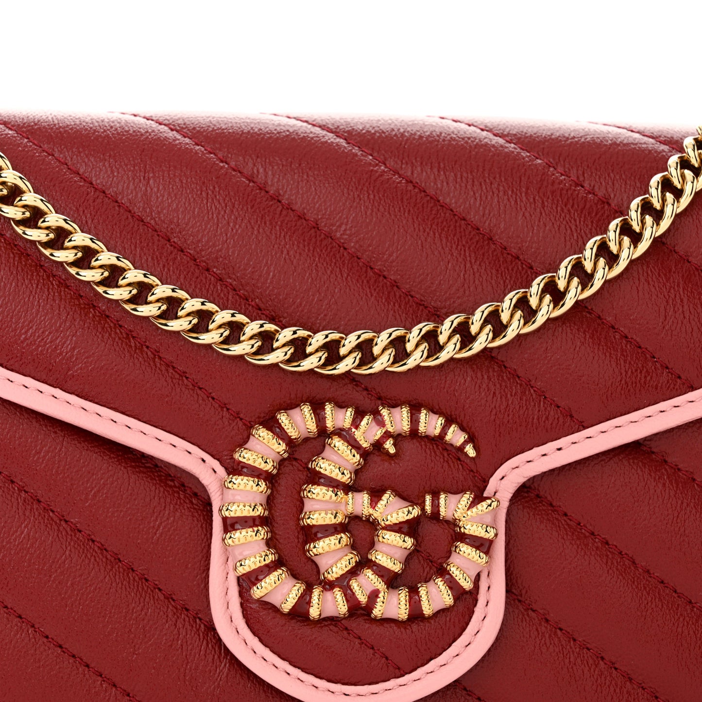 Azalea Calfskin Enamel Matelasse Diagonal Torchon GG Marmont Chain Wallet New Cherry Red Wild Rose