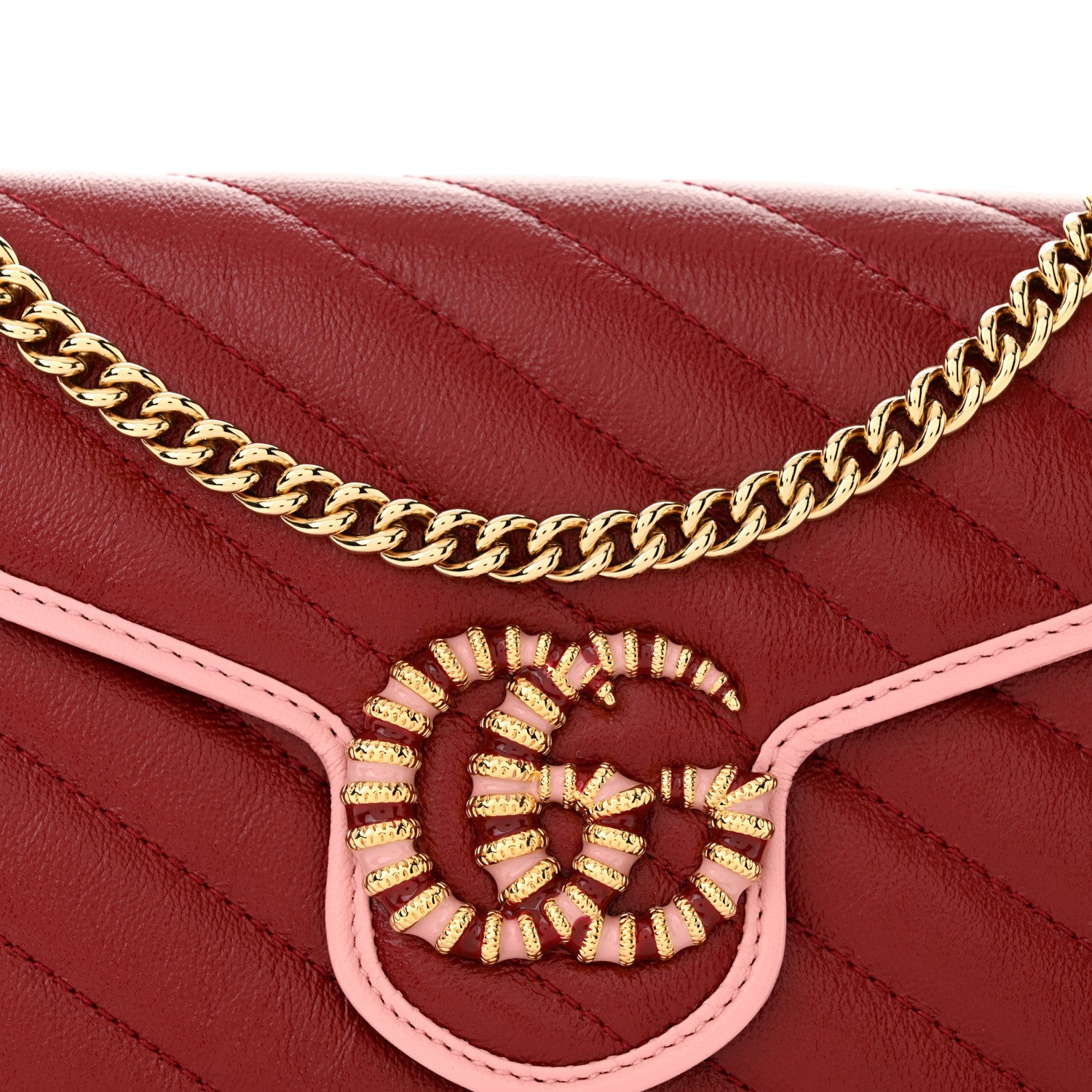 Gucci Azalea Calfskin Enamel Matelasse Diagonal Torchon GG Marmont Chain Wallet New Cherry Red Wild Rose 8 of 11